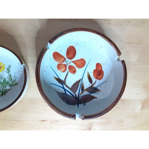 Vtg MCM Otagiri Brown Speckled Stoneware Ashtray Hand Painted Floral Japan Set - Picture 3 of 7